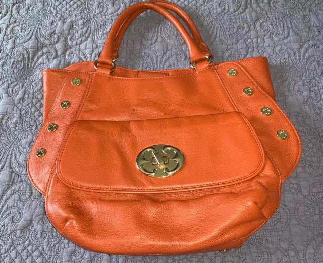Emma Fox Large Orange Studded Supple Leather Satchel/Crossbody Handbag Very Nice