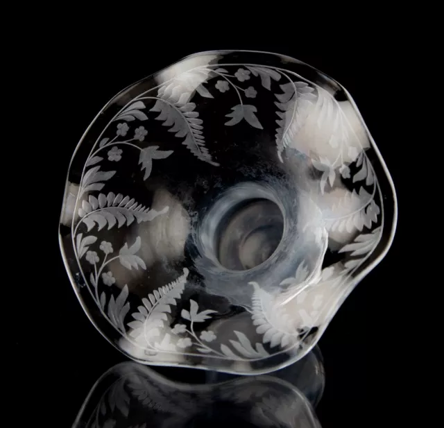 Libbey Wheel Engraved Fern Ruffled Vase Antique Glass Polished Pontil Signed