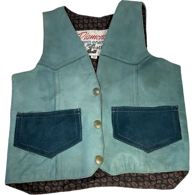 Vintage Child’s Diamond Denim & Leather Teal Green Western Vest  Size 10 Small