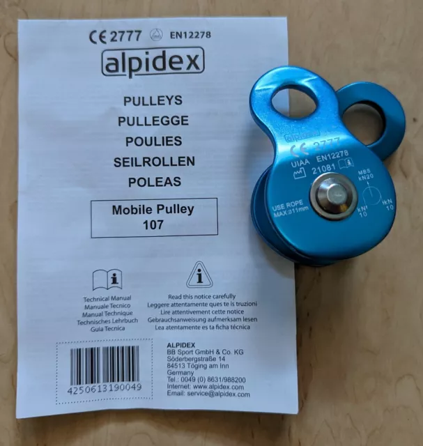 alpidex, Seilrolle, Umlenkrolle, Mobile Pulley 107, 20 kN, blau, neu