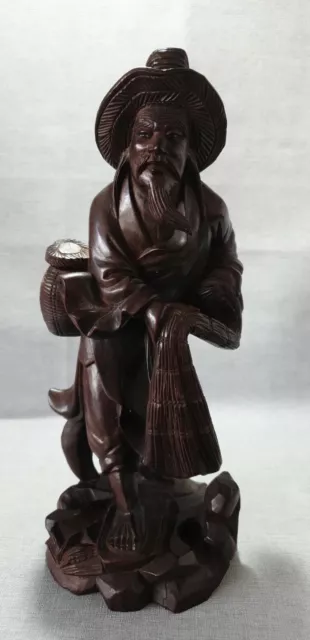 Vintage Carving Oriental Japanese Wooden Figure Hand Carved Fisherman