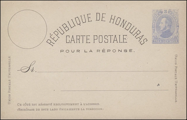 Honduras Antwort Postkarte 3 Centavos POUR LA REPONSE, ungebraucht **