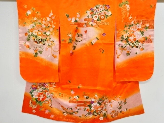 45724# Japanese Kimono / Antique Kimono For Girls / Flower & Butterfly