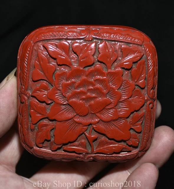 3 " China Red Lacquerware Dynasty Peony Flower Pattern Jewelry Storage Box
