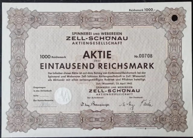 Aktie der Spinnerei & Webereien Zell-Schönau AG, 1.000 RM - Zell, 25 April 1942