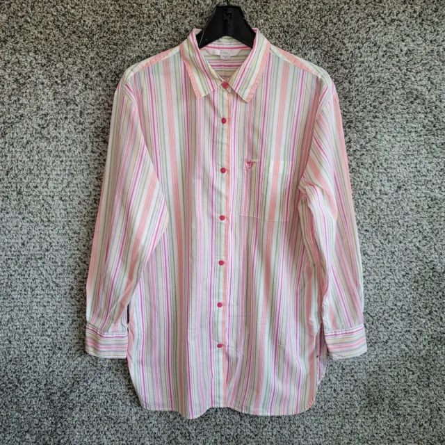 Victorias Secret Sleep Shirt Womens Medium Pink Striped Embroidered Button