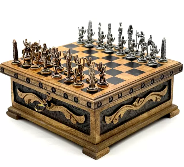 Egyptian Metal Chess Pieces and Wooden Chess Set with Stone Chest, Chess Set