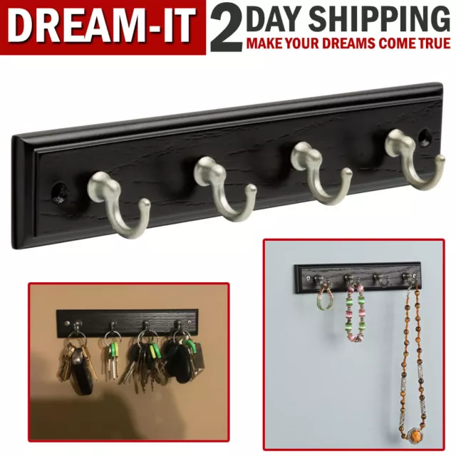 Wooden Key Rack Wall Mounted Hanger Holder with 4 Hooks Chain Storage Organizer
