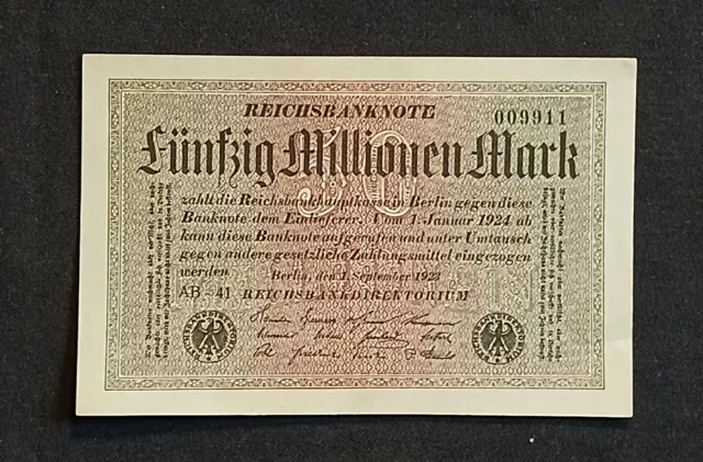 1923 German Reich Unc 50 Million Mark Currency Reichsbanknote Printed In Grey...