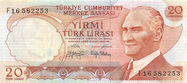 Turkey  20  Lira  ND. 1974  P 187a  Series F  Circulated Banknote ZSD