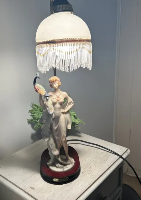 Art nouveau style lady Peacock Table lamp glass bead Shade Fuliano collection