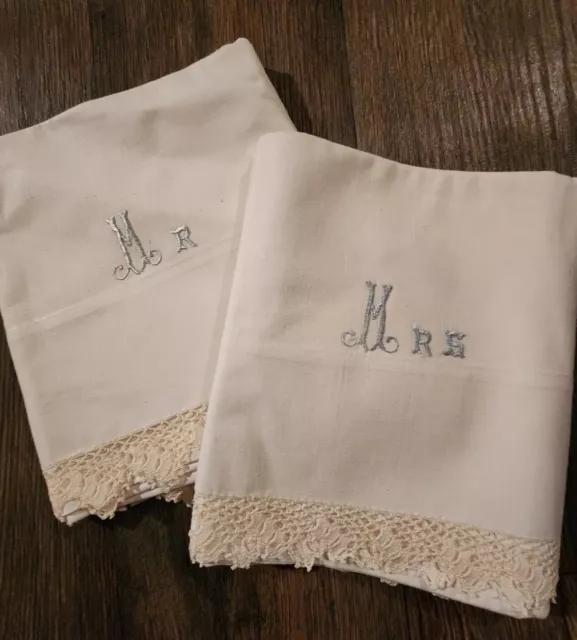 Antique Crocheted Lace Embroidered Pillowcases Monogram Mr. & Mrs.