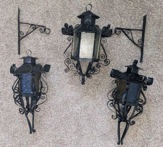 Lot of 3 Spanish Mission Wrought Iron Glass Hanging Lanterns Mid Century