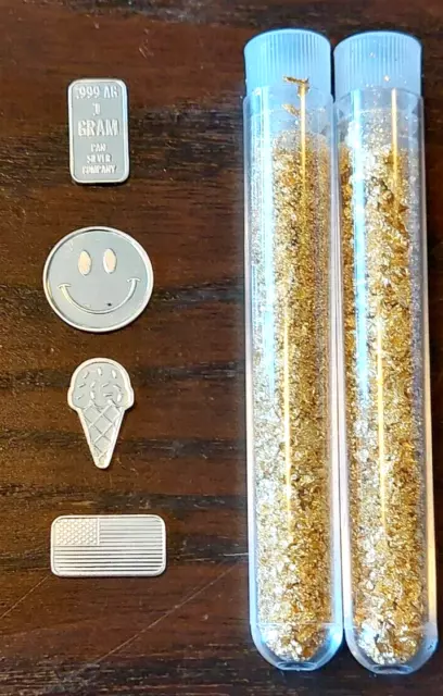 (4) X 1 Gram 999 Silver Bars - Different Designs - And 2 Vials Of Gold Flakes!