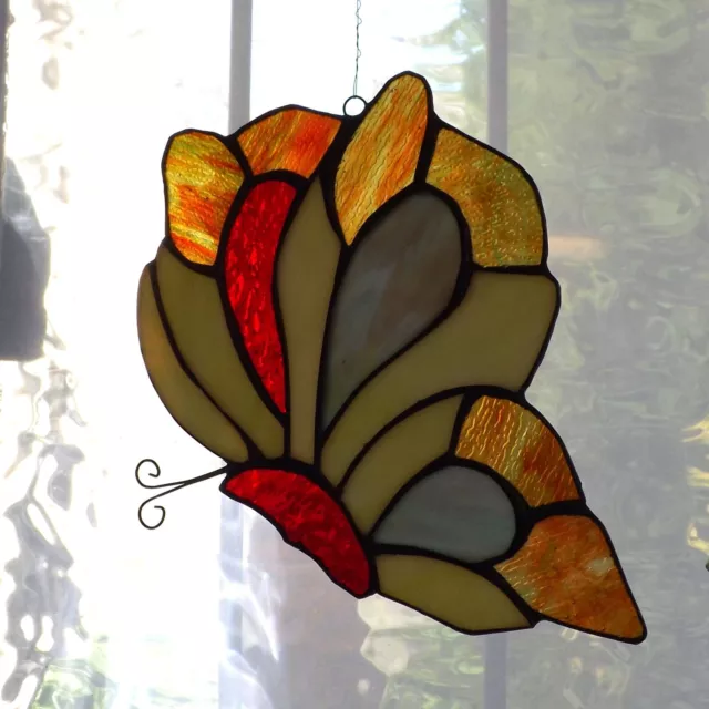 Large Stained Glass Butterfly Suncatcher, 20 cm x 24 cm Red/Green/Orange