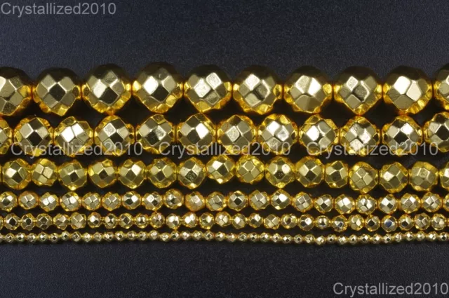 AAA Natural Gold Hematite Gemstones Faceted Round Beads 4mm 6mm 8mm 10mm 16"