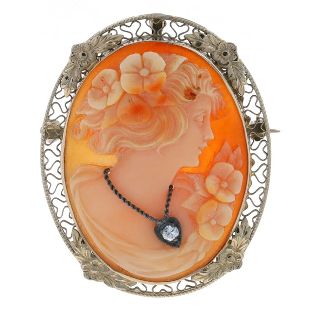 White Gold Shell & Diamond Art Deco Convertible Brooch/Pendant - 14k Cameo Pin