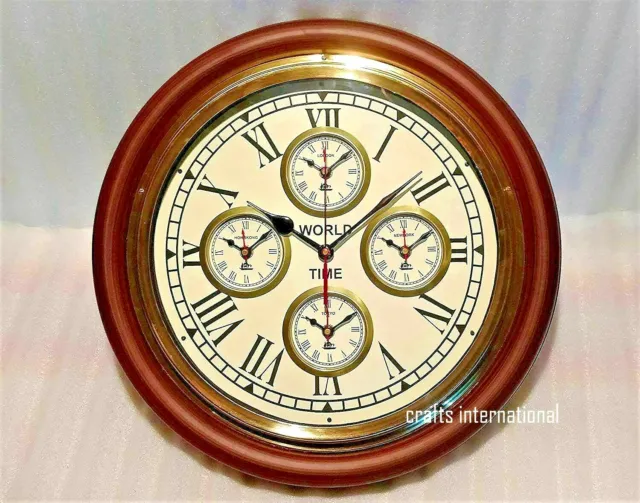 16" Antique Vintage Style Brass Wooden Nautical World Time Wall Clock Décor WC03