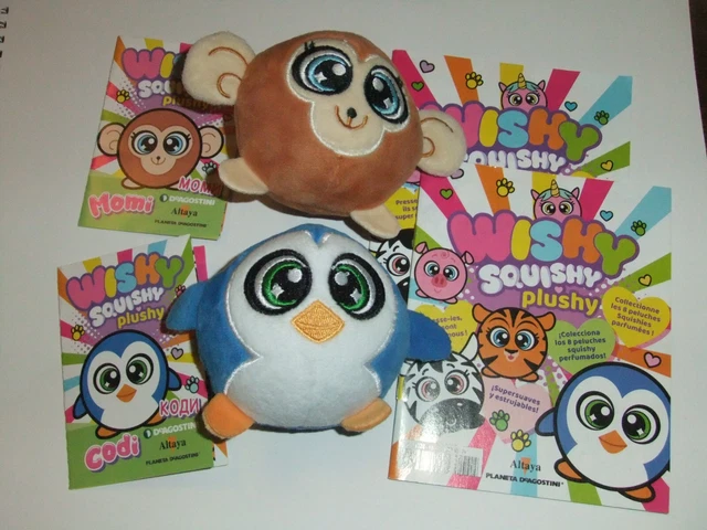 Lot 2 peluches Wishy Squishy Plushy de Altaya, Momi le singe et Codi le pingouin