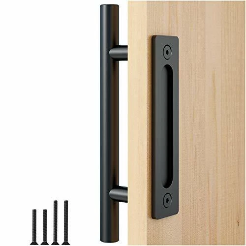 FaithLand 12" Heavy Duty Pull and Flush Door Handle Set in Black Sliding Barn...