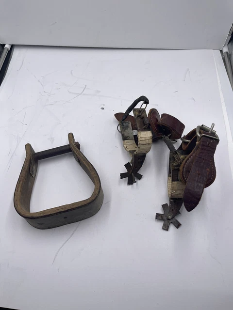 Vintage PAIR WESTERN SPURS HAND FORGED IRON TOOLED LEATHER STRAPS