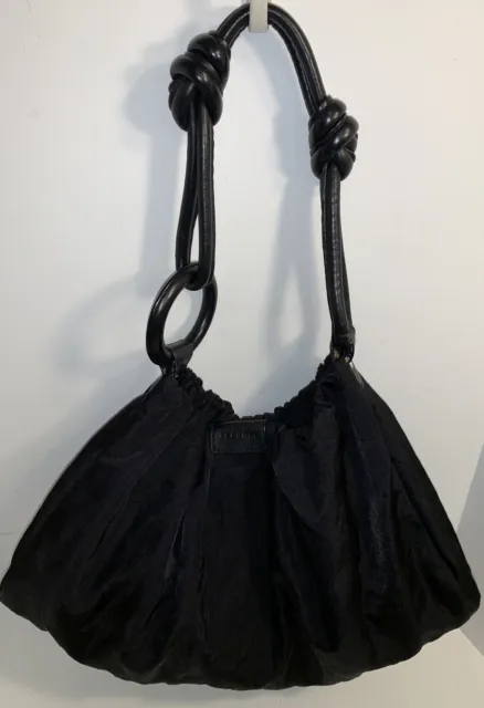 SEQUOIA Paris Black Soft Leather Handles Nylon Hobo Style Handbag Shoulder Bag