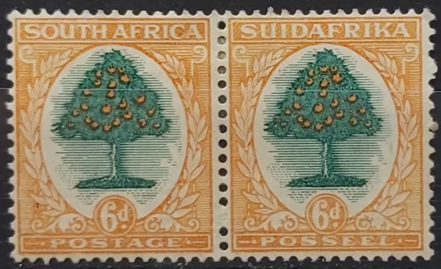 South Africa 1930-44 KGV  6d Green & Orange  Mint Pair Perf 15x14  sg 47