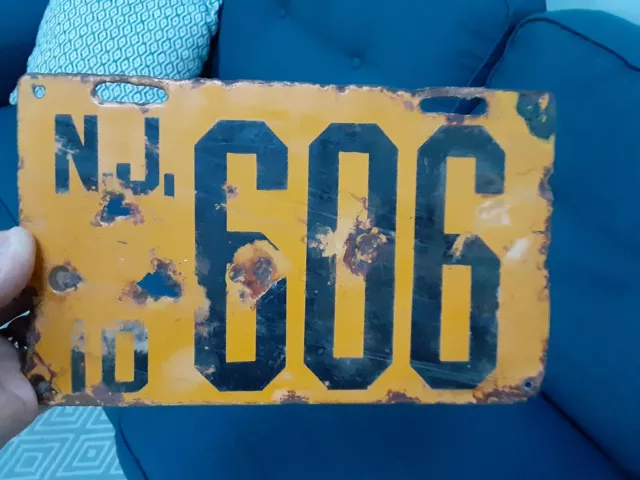 Vintage NJ 1910 New Jersey Porcelain License Plate 606 Low Number