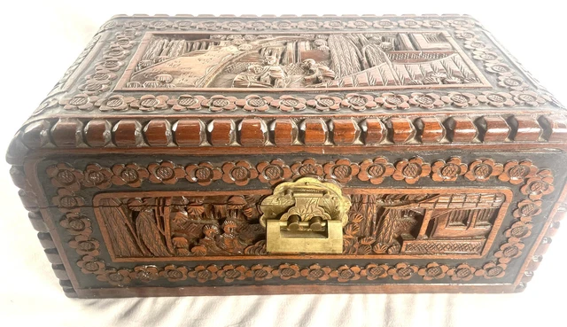 Antique Sailing Lock Box Hong Kong Hand Carved Yu Ting Good Luck Chest