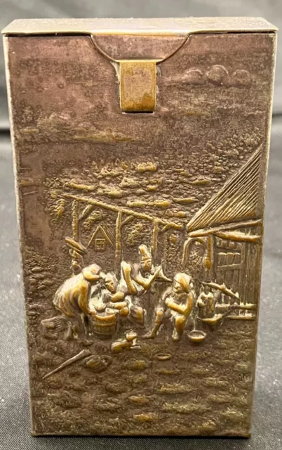 BEAUTIFUL ANTIQUE DENMARK BRASS CIGARETTE CASE ENGRAVED w/SCENE OF LIFE c1925