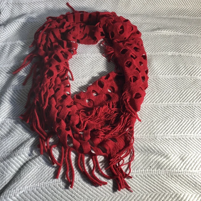 Red Knit/Sweater Mesh/Net Infinity Scarf Long Fringed Edge EUC