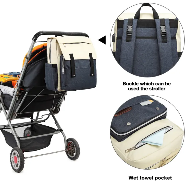 Mummy Nappy Changing Bag With USB Charging Port Baby Diaper Pram Clips Backpack 2