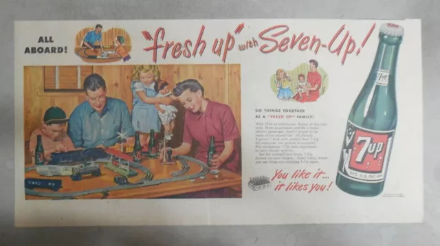 7-Up Ad: Fresh Up With Seven-Up! Toy Trains ! from 1940's  7.5 x 15 inches