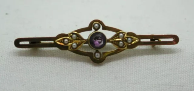 Lovely Antique 15 Carat Gold Amethyst And Seed Pearl Bar Brooch