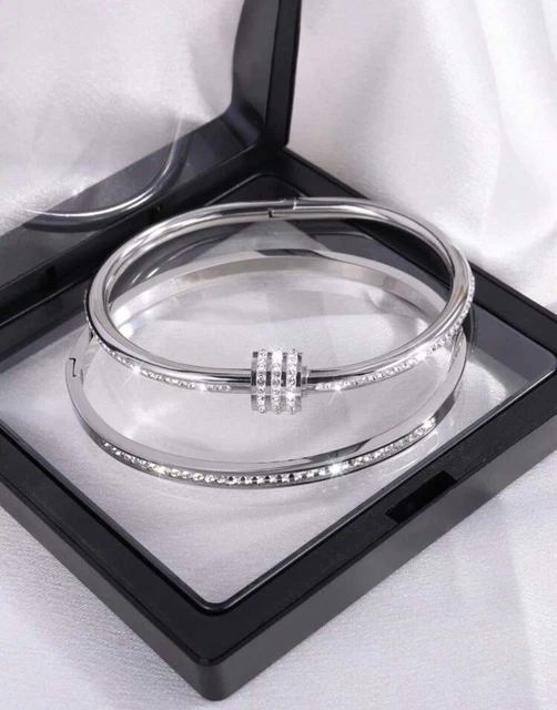 Lot De 2 Bracelets Jonc Femme En Acier Inoxydable Et Titane Avec Zircon - Neuf Sans Emballage