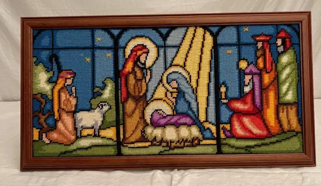 Vintage Needlepoint Christmas Nativity Scene Framed Art