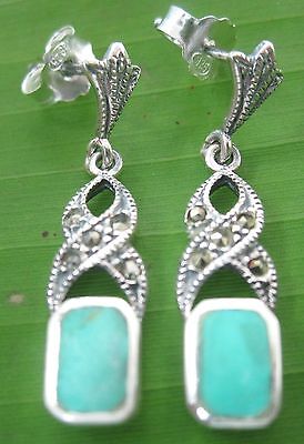 100% 925 sterling silver SWISS Marcasite MOPTurquoise Studs Earrings WOMEN GIRL