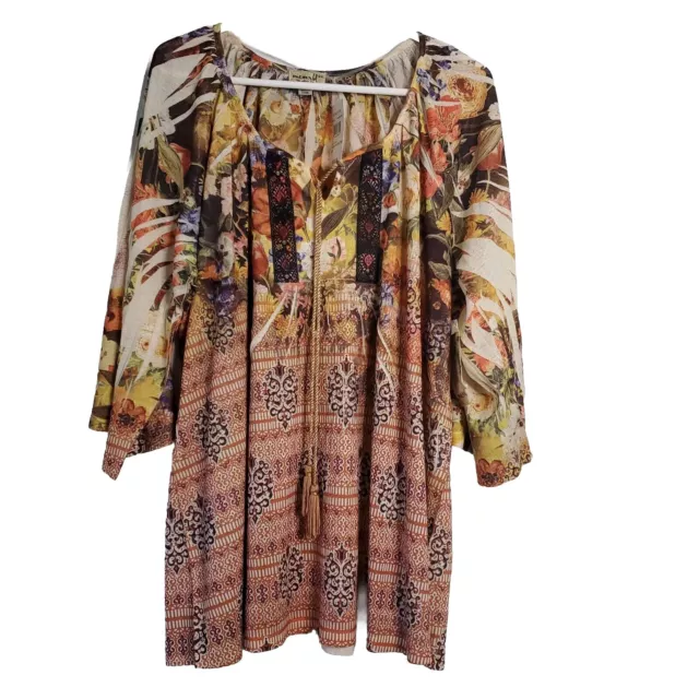 One World Live & Let Live Blouse Top Size 2X Boho Floral 3/4 Sleeve Tunic