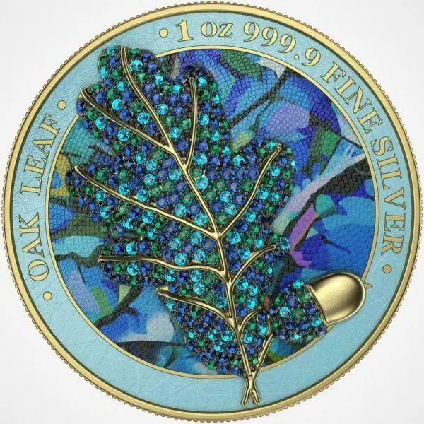 2019 Germany 5 Mark - Bejeweled Oak Leaf - Winter 1 Oz Silver Coin