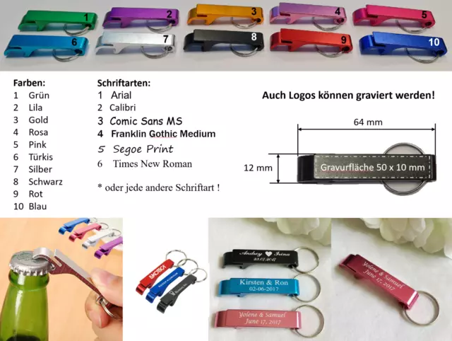 Aluminium Flaschenöffner Schlüsselanhänger mit Gravur - Werbegeschenk / Hochzeit