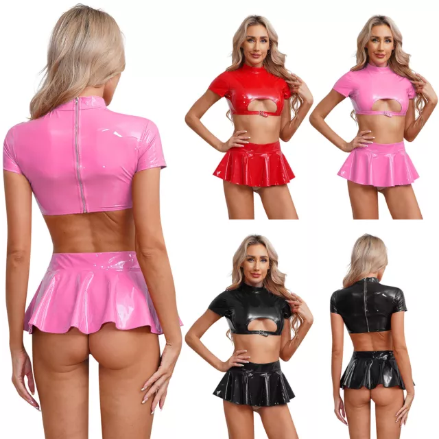 Damen Wetlook Raves Metallic Crop Top + Minirock Lackleder Nachtclub Dessous Set