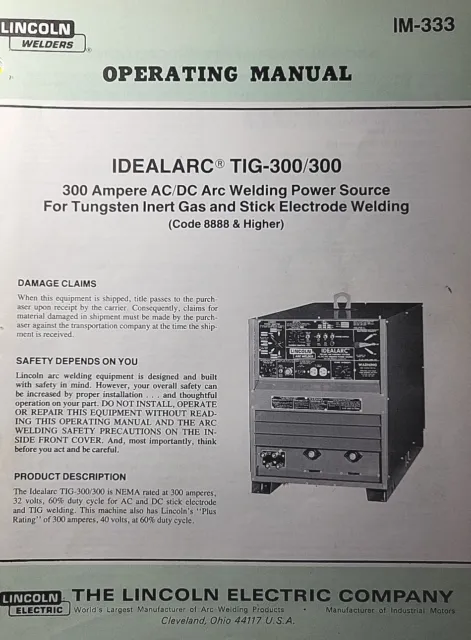 Lincoln IDEALARC TIG-300 /300 Welder Owner & Parts Manual Tungsten AC/DC 8888-up