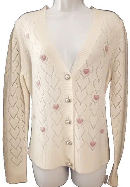 CHARTER CLUB NWT Ivory w/ Crochet Hearts 100% Cashmere V-Neck Pointelle Cardigan