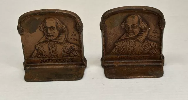 Vintage Pair Set of 2 Cast Iron Bronze Plated Bookends 1925 William Shakespeare 2