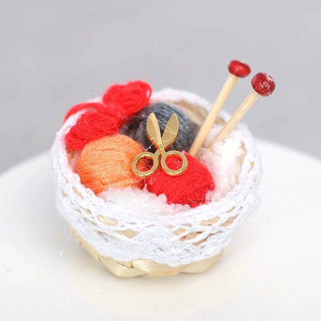 MINIATURE KNITTING SET Bamboo Basket Braided Yarn Ball Ornament for ...