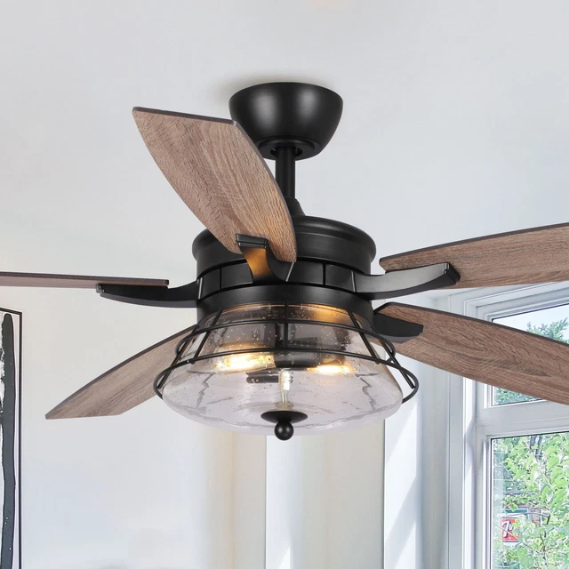 52" Industrial Wooden 5-blade LED Ceiling Fan with Remote Matte Black