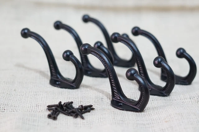 6 Cast Iron Black School Style Coat Hooks Hat Hook Rack Hall Tree Acorn Hook