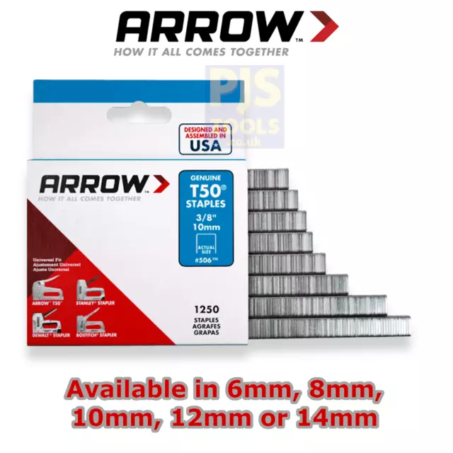 Arrow T50 wire staples 6mm, 8mm, 10mm, 12mm or 14mm packs of 1250