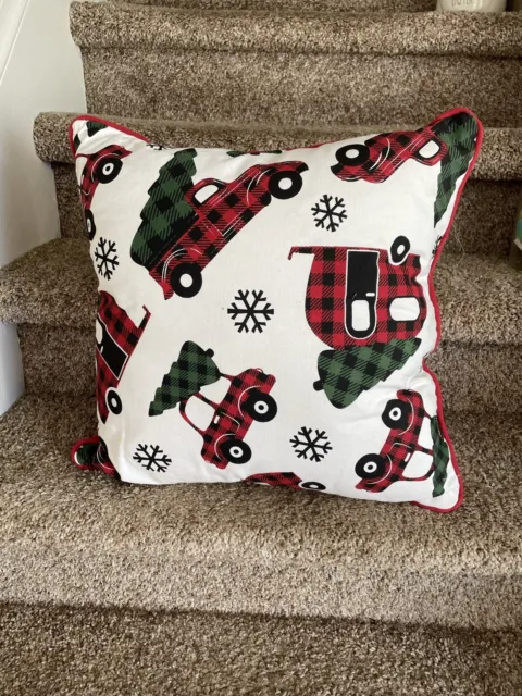 Merry Christmas Throw Pillow - 16 x 16 - Vintage Red Truck with Tree