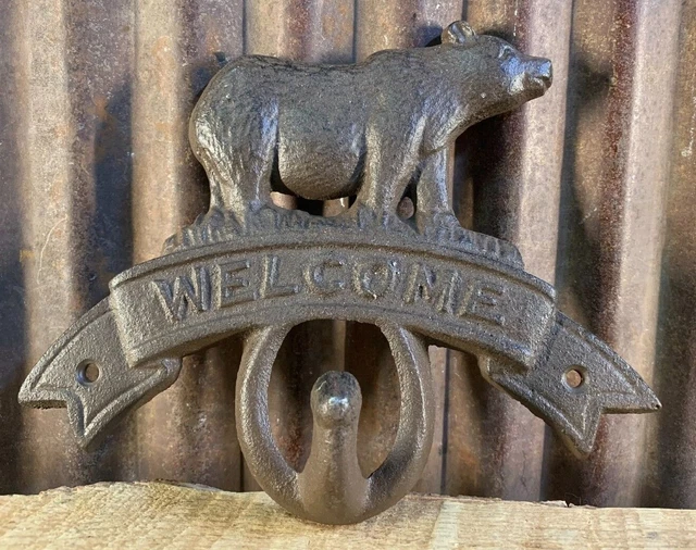 Cast Iron Coat Hanger, "Welcome" with Bear, Cabin Décor, NWOT